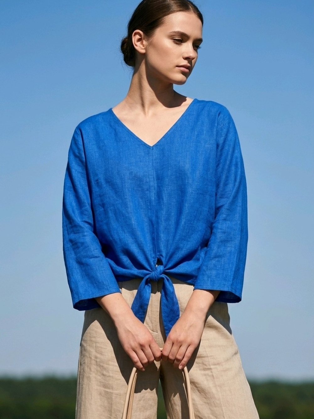 CHARLIE B V-Neck Tie-Front Top in Bright Blue